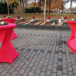 Der Spassmacher Stehtischhussen Weiß/Schwarz/Rot